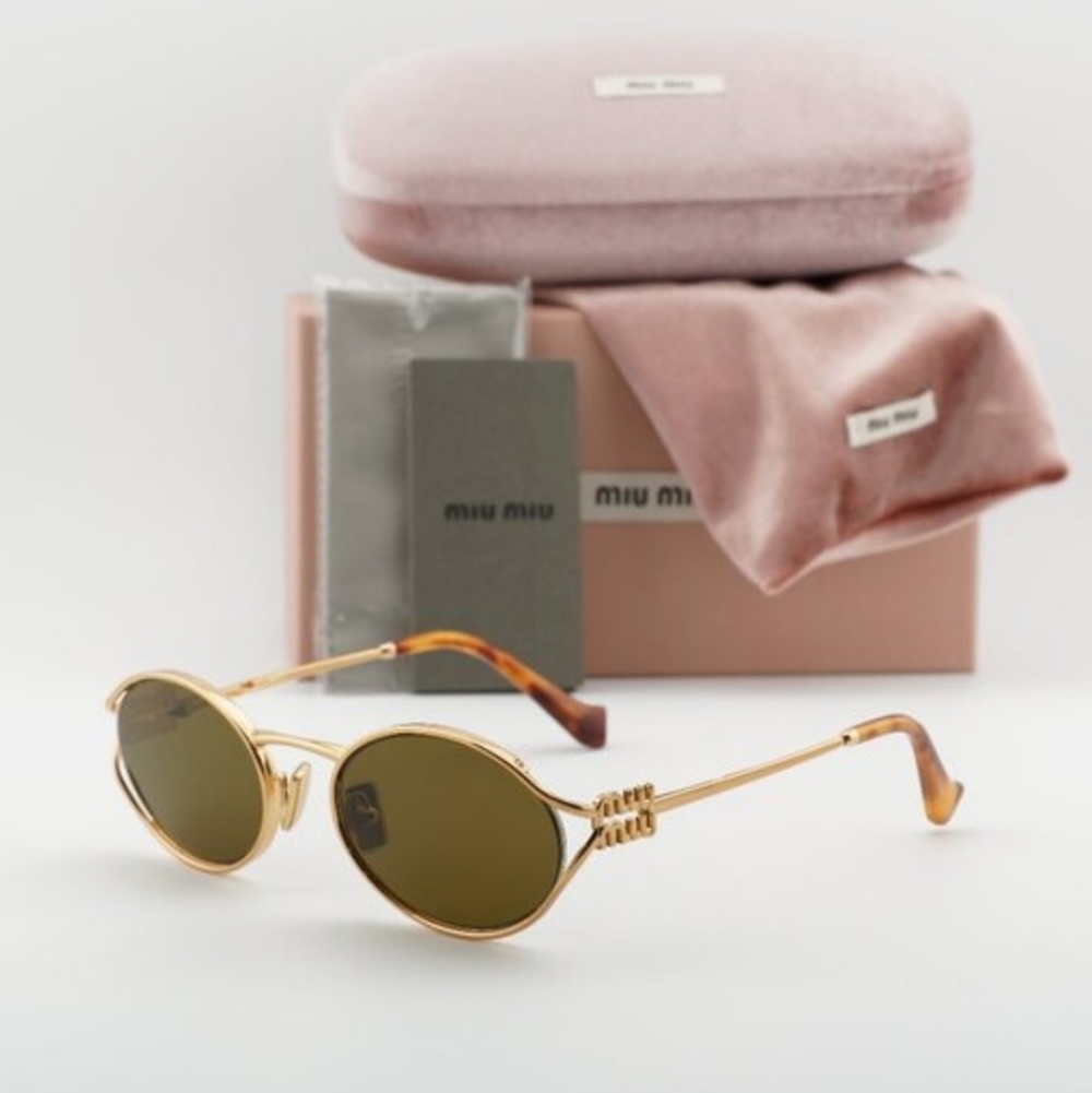 MIU MIU Sunglasses MU52YS 70E01T Brass Gold Dark Brown Oval Women NEW